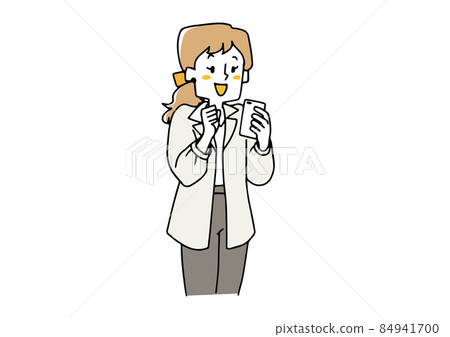 A woman who smiles and rejoices while looking at her smartphone. A person who celebrates victory and success. A loose hand-drawn illustration of a person. 84941700