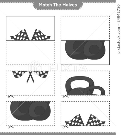 Match the halves. Match halves of Racing Flags and Dumbbell. Educational children game, printable worksheet, vector illustration 84941750