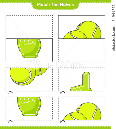 Match the halves. Match halves of Foam Finger and Tennis Ball. Educational children game, printable worksheet, vector illustration 84941751
