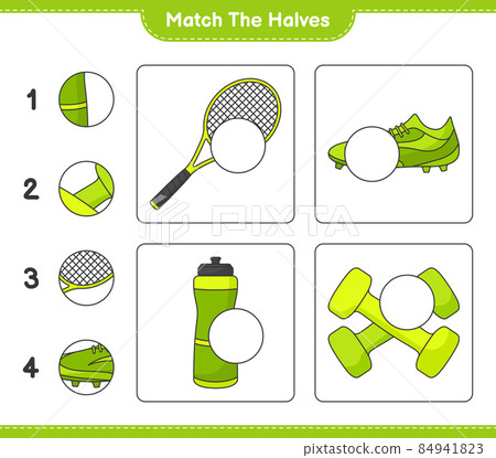 Match the halves. Match halves of Water Bottle, Tennis Racket, Soccer Shoes and Dumbbell. Educational children game, printable worksheet, vector illustration Match the halves. Match halves of Water Bottle, Tennis Racket, Soccer Shoes and Dumbbell. Educational children game, printable worksheet, vector illustration 84941823