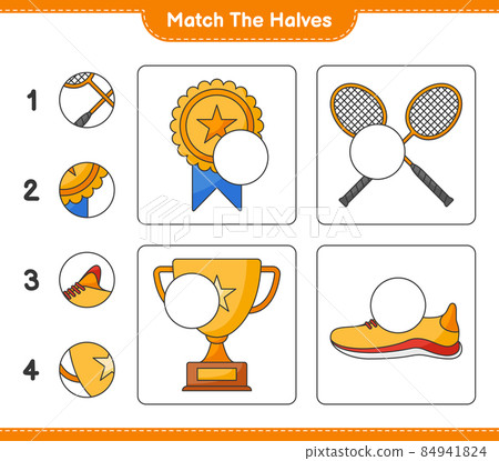 Match the halves. Match halves of Trophy, Running Shoes, and Badminton Rackets. Educational children game, printable worksheet, vector illustration Match the halves. Match halves of Trophy, Running Shoes, and Badminton Rackets. Educational children game, printable worksheet, vector illustration 84941824