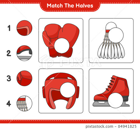 Match the halves. Match halves of Boxing Gloves, Shuttlecock, Boxing Helmet, and Ice Skates. Educational children game, printable worksheet, vector illustration Match the halves. Match halves of Boxing Gloves, Shuttlecock, Boxing Helmet, and Ice Skates. Educational children game, printable worksheet, vector illustration 84941825