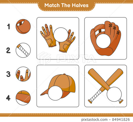 Match the halves. Match halves of Baseball Glove, Golf Gloves, Cap Hat, and Baseball Bat. Educational children game, printable worksheet, vector illustration Match the halves. Match halves of Baseball Glove, Golf Gloves, Cap Hat, and Baseball Bat. Educational children game, printable worksheet, vector illustration 84941826