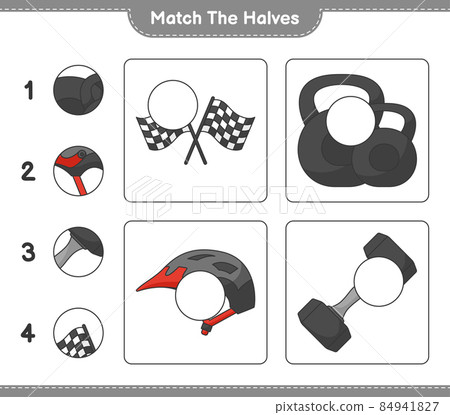 Match the halves. Match halves of Dumbbell, Racing Flags, and Bicycle Helmet. Educational children game, printable worksheet, vector illustration Match the halves. Match halves of Dumbbell, Racing Flags, and Bicycle Helmet. Educational children game, printable worksheet, vector illustration 84941827