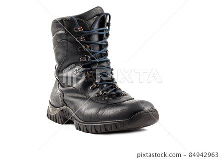 one black leather used clean civillian men 8-inch ankle boot, isolated on white 84942963