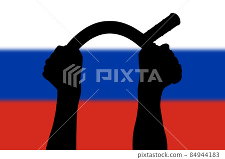 two arms bending police tonfa rubber stick silhouette and blurry russian flag in the background two arms bending police tonfa rubber stick silhouette and blurry russian flag in the background 84944183