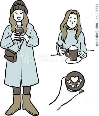 一個女人喝咖啡的插圖素材集 84944255