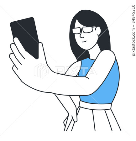 Girl making selfie. Young woman holding phone in stretched arm Girl making selfie. Young woman holding phone in stretched arm 84945210