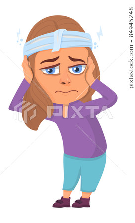Headache. Sad girl with disease. Ill cartoon woman 84945248
