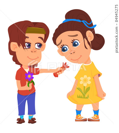 Kids friendship. Boy sharing candy with girl. Good behavior. 84945275