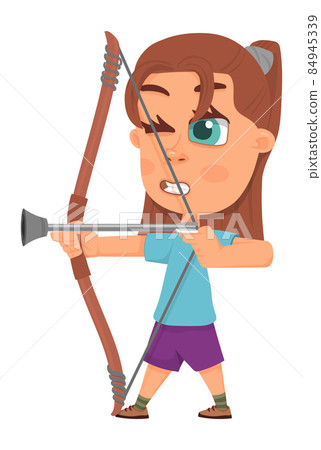 Arher girl. Kid shooting from arrow bow. Child sport Arher girl. Kid shooting from arrow bow. Child sport 84945339