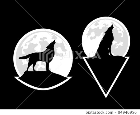 howling wolf silhouette against full moon disk vector sticker design set 84946956