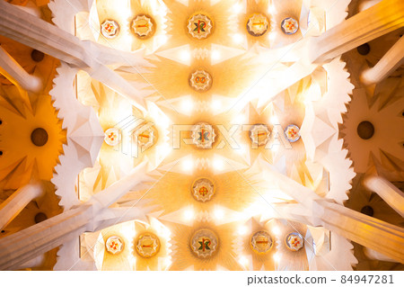 Gaudi's Masterpiece Sagrada Familia Basilica. Fantastic ceiling. UNESCO World Heritage. View of 84947281