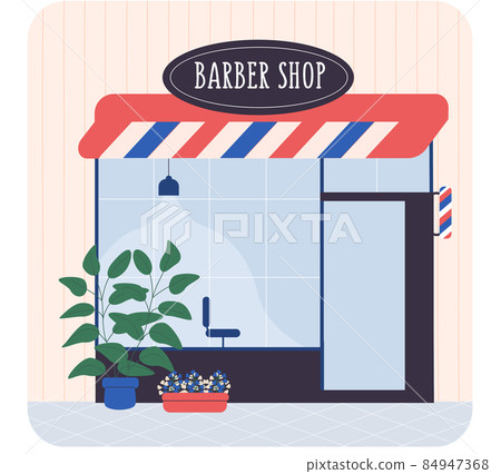 Facade barbershop. Signboard with emblem and awning. Concept street building facade barbershop 84947368