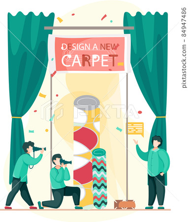 Manufacture of carpets. Men working on design of new carpet, photographing rugs for advertising 84947486