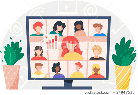 Video conferencing on large computer screen, teamwork. Business meetup, digital classroom Video conferencing on large computer screen, teamwork. Business meetup, digital classroom 84947533