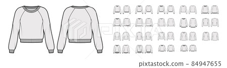 Set of sweatshirts technical fashion illustration with fitted oversized fitted body, crew V- neckline, long elbow sleeve Set of sweatshirts technical fashion illustration with fitted oversized fitted body, crew V- neckline, long elbow sleeve 84947655
