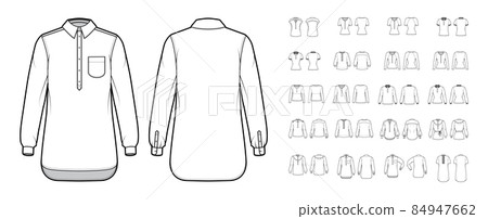 Set of Shirt henley collar technical fashion illustration with long sleeves, tunic, classic collar, oversized fitted Set of Shirt henley collar technical fashion illustration with long sleeves, tunic, classic collar, oversized fitted 84947662