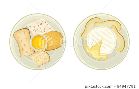 Top view of French cuisine traditional delicious dishes on plates vector illustration 84947791