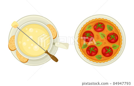 French cuisine traditional delicious food set. Tomato tart taten and cheese fondue vector illustration 84947793