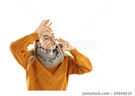 Young woman with nasal spray isolated on white background 84948010