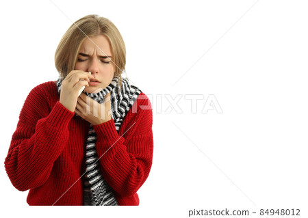 Young woman with nasal spray isolated on white background 84948012