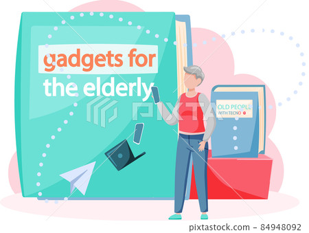 Online lecture and training gadgets for old people, modern means of  communication. Pensioner and modern digital technology concept. Oldster  education on computer. Seniors learning to work with laptop Stock Vector