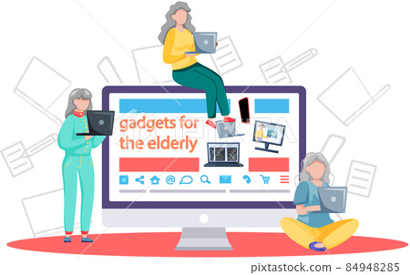 Online lecture and training gadgets for old people, modern means of  communication. Pensioner and modern digital technology concept. Oldster  education on computer. Seniors learning to work with laptop Stock Vector