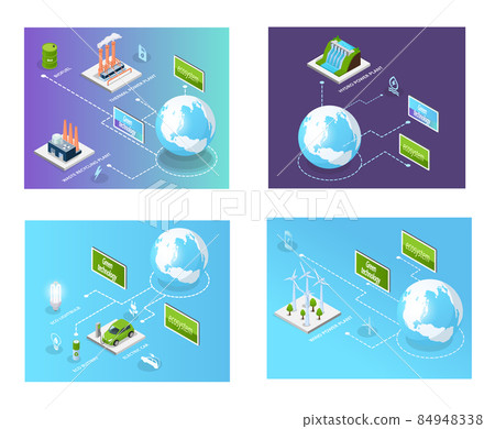 Distribution of alternative electricity on planet. Eco friendly technologies illustrations set 84948338