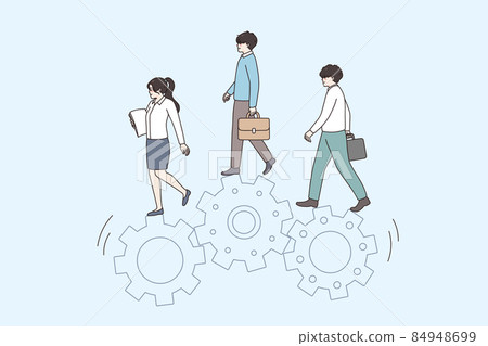 Businesspeople walk together on gear wheels  84948699