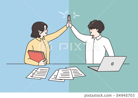 Happy businesspeople give high five for shared success Happy businesspeople give high five for shared success 84948703