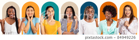 Composition of millennial international females with different emotions on colorful background Composition of millennial international females with different emotions on colorful background 84949226