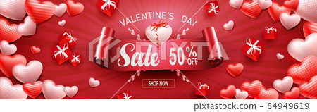 Valentine's day sale poster, chaotically drawn silhouettes of hearts and binder boxes with a bow 84949619