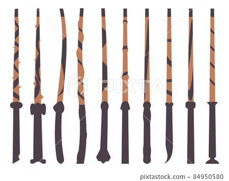 Magic wands icon set isolated on white background. Different types of magic wands. Tool of the wizard and sorcerer. Magic items. Vector illustration 84950580