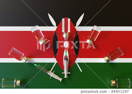 Syringes and medical vials on the flag of Kenya. Vaccination related conceptual 3D rendering Syringes and medical vials on the flag of Kenya. Vaccination related conceptual 3D rendering 84951297