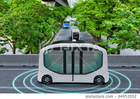 Autonomous electric shuttle bus self driving across city green road, Smart vehicle concept 84952052