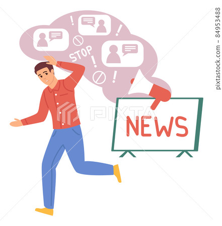 Man running from news stream. Information pressure concept Man running from news stream. Information pressure concept 84953488