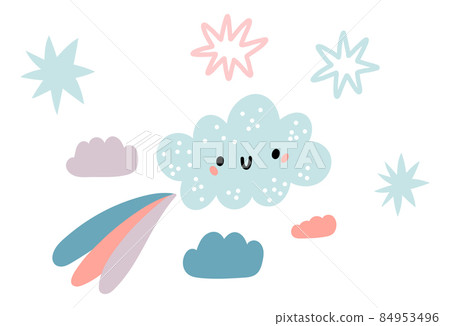 Happy cloud flying in sky. Cute smiling character in fun baby style 84953496