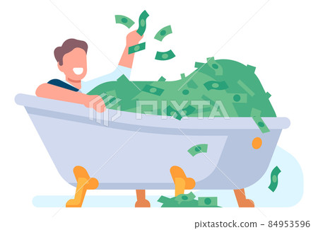 Man lying in bath full of money. Good fortune or luck concept 84953596