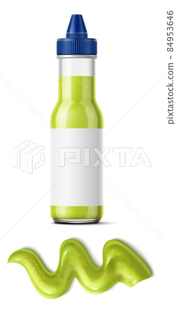 Wasabi bottle mockup with sauce spill. Container realistic template 84953646