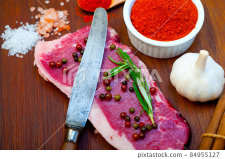 raw uncooked  ribeye beef steak butcher selection 84955127