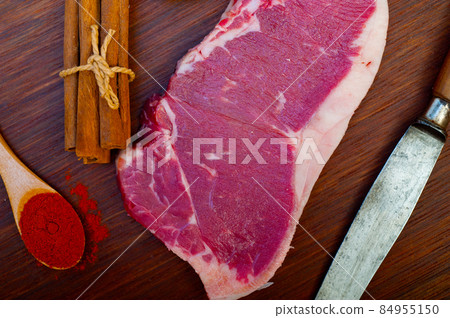 raw uncooked  ribeye beef steak butcher selection 84955150
