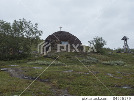 Church at traditonal saami style at Staloluokta sami village at Virihaure lake. Summer moody and foggy day at Padjelantaleden hiking trail. Sweden Lapland 84956179