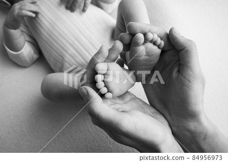 The palms of the father, the mother are holding the foot of the newborn baby. Feet of the newborn on the palms of the parents. Studio photography of a child's toes, heels and feet. Black and white. 84956973