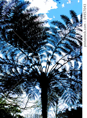 illustration. View of the blue sky through the large leaves of tropical palm trees 84957043