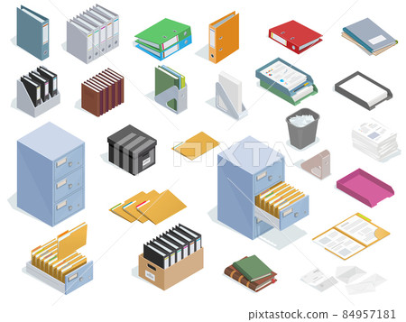 Isometric office equipment set for paperwork and archival data storage. Office stationery. Isometric office equipment set for paperwork and archival data storage. Office stationery. 84957181
