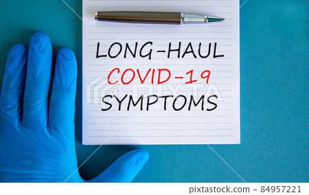 COVID-19 long-haul covid symptoms symbol. White card with words Long-haul covid-19 symptoms. Doctor hand, pen, blue background, copy space. Medical, COVID-19 long-haul covid symptoms concept. 84957221