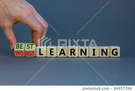 Best or worst learning symbol. Businessman turns cubes, changes words worst learning to best learning. Beautiful grey background. Business, education and best or worst learning concept. Copy space. 84957266