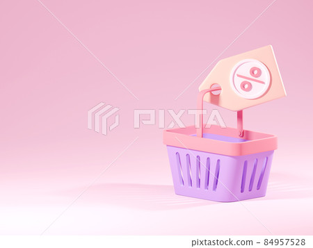 3d grocery violet basket with discount coupon. Empty supermarket cart with percent gift voucher. Concept of market event, sale festival, online shopping, digital marketing. 3d render illustration 84957528