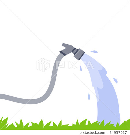 Hose. Jet of water. Grey tube. Green lawn and grass. Flat cartoon illustration. Fire fighting and watering of lawn Hose. Jet of water. Grey tube. Green lawn and grass. Flat cartoon illustration. Fire fighting and watering of lawn 84957917
